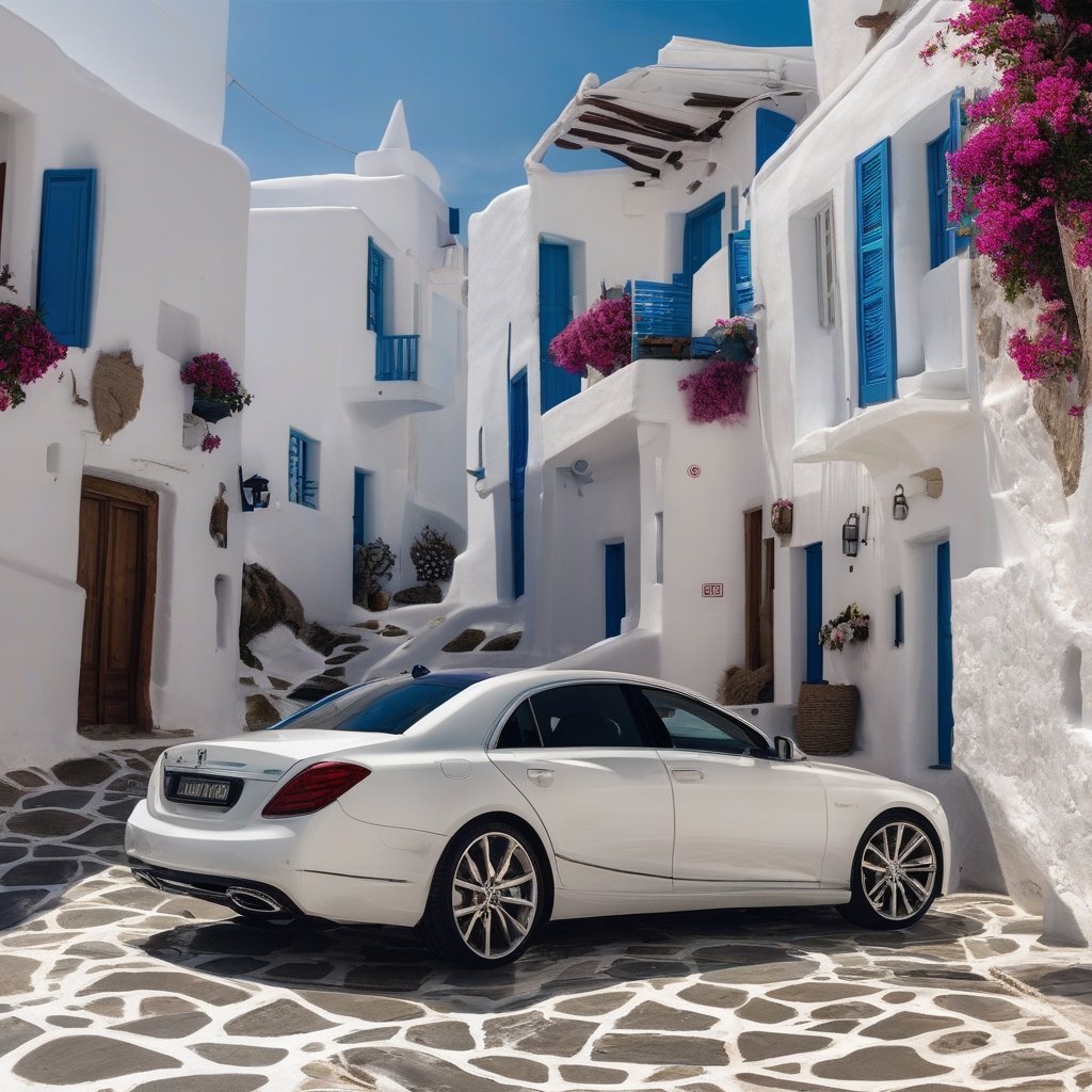 Screenshot of the MykonosRide app displaying driver information and contact options chat and phone of the driver.